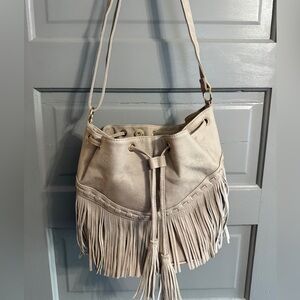 Fringe Beige Bucket Bag